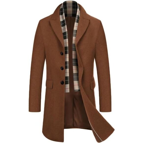 Men's Wool Blend Coat with Detachable Plaid Scarfs Brown - Picture 1 of 6